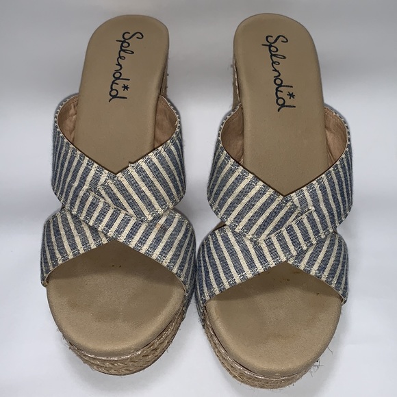 Splendid Striped Blue & White Canvas Espadrille Wedge Sandals Size 8 - Picture 4 of 11